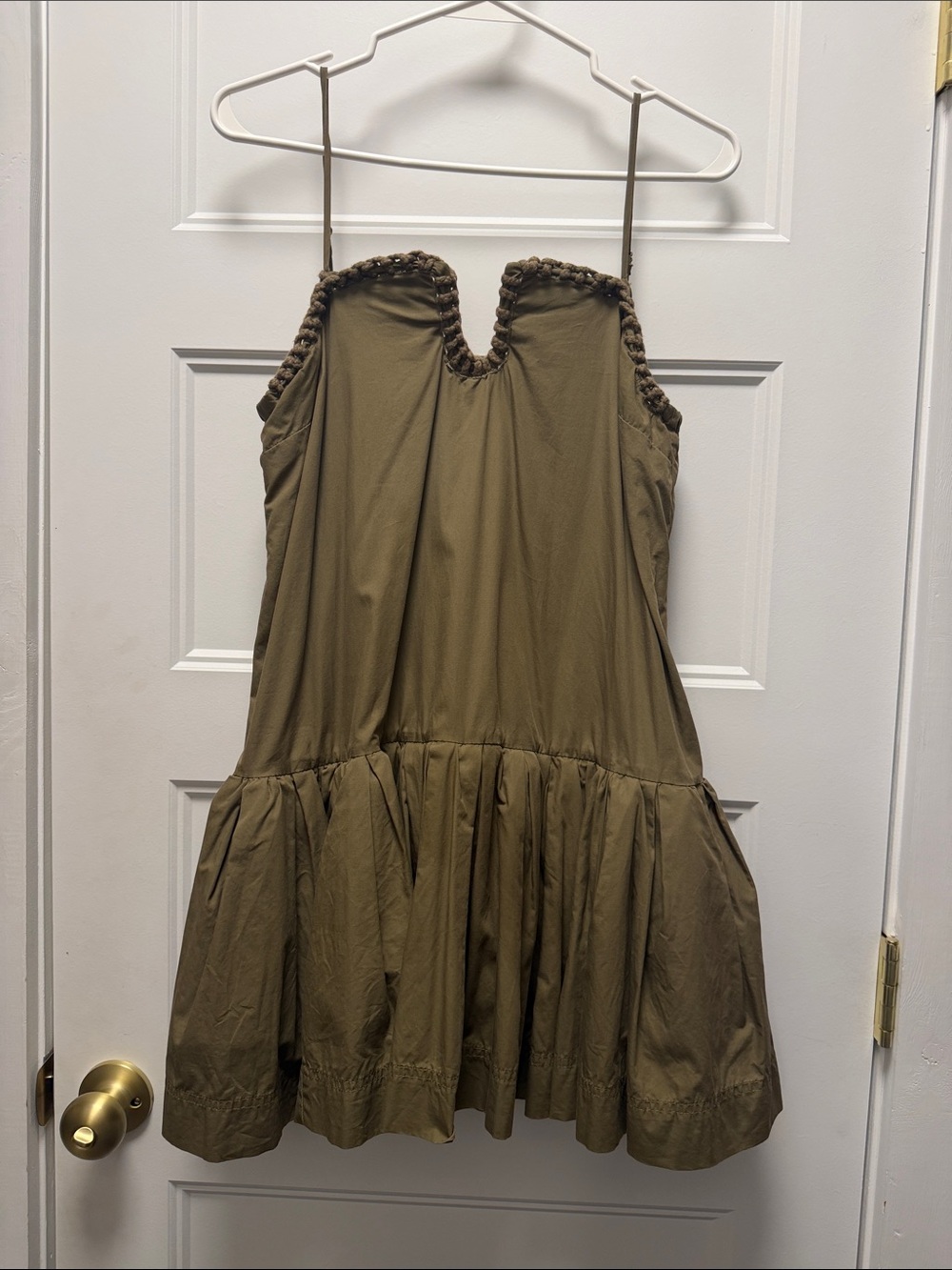 Girls Olive Spaghetti-Strap Summer Dress with Braided Trim